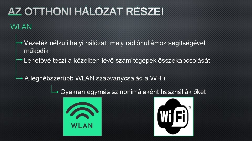 AZ OTTHONI HÁLÓZAT RÉSZEI WLAN Vezeték nélküli helyi hálózat, mely rádióhullámok segítségével működik Lehetővé