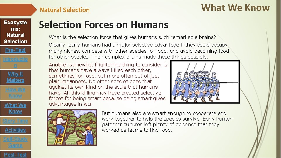 What We Know Natural Selection Ecosyste ms: Natural Selection Pre-Test Introductio n Why It