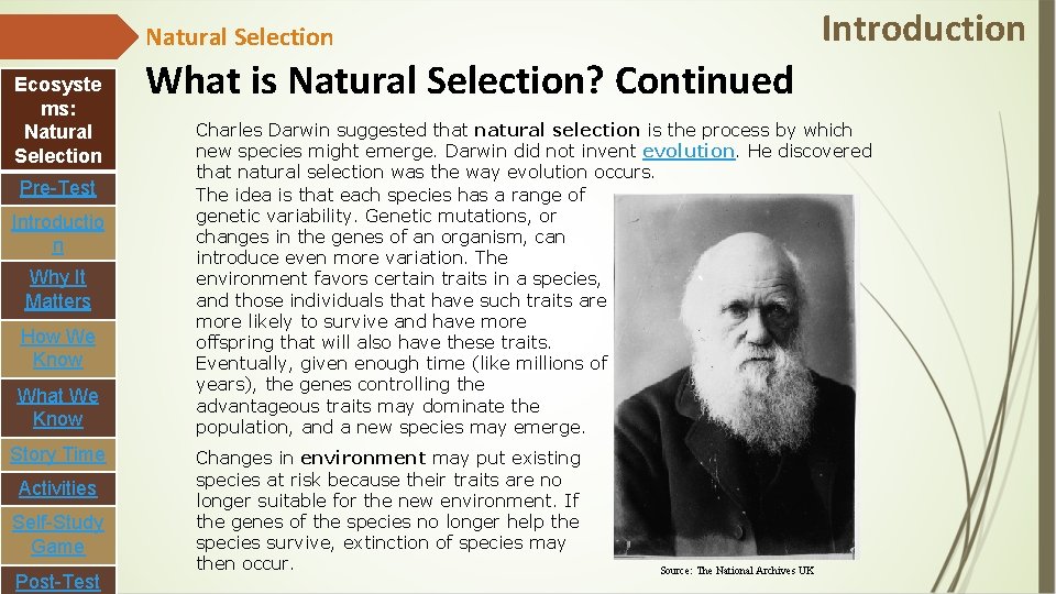 Introduction Natural Selection Ecosyste ms: Natural Selection Pre-Test Introductio n Why It Matters How