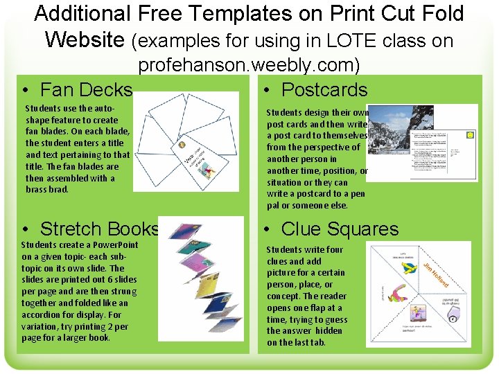 Additional Free Templates on Print Cut Fold Website (examples for using in LOTE class