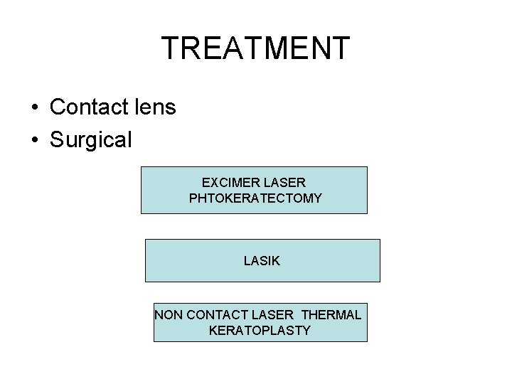 TREATMENT • Contact lens • Surgical EXCIMER LASER PHTOKERATECTOMY LASIK NON CONTACT LASER THERMAL