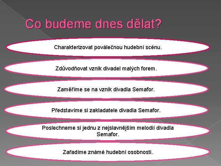 Co budeme dnes dělat? Charakterizovat poválečnou hudební scénu. Zdůvodňovat vznik divadel malých forem. Zaměříme