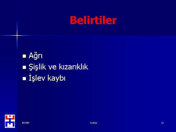 Belirtiler Ağrı n Şişlik ve kızarıklık n İşlev kaybı n BİYEM Kırıklar 13 