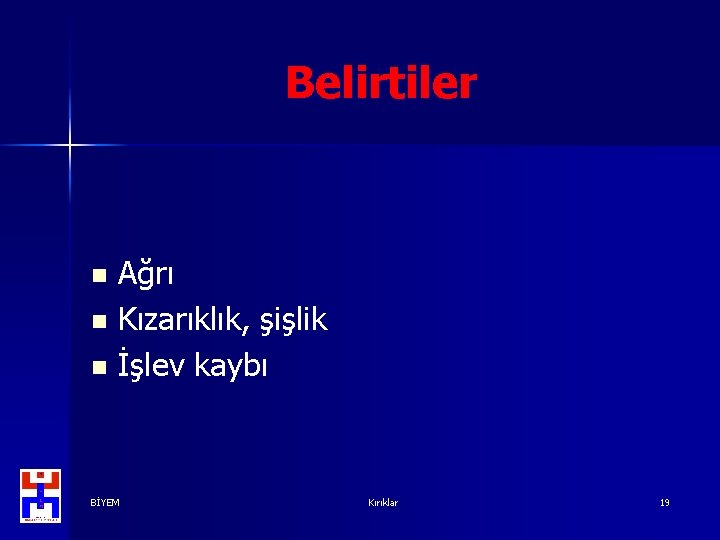 Belirtiler Ağrı n Kızarıklık, şişlik n İşlev kaybı n BİYEM Kırıklar 19 