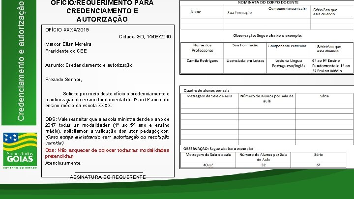 Credenciamento e autorização OFÍCIO/REQUERIMENTO PARA CREDENCIAMENTO E AUTORIZAÇÃO OFÍCIO XXXX/2019 Cidade-GO, 14/08/2019. Marcos Elias