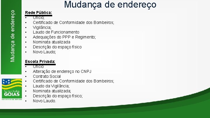 Mudança de endereço Rede Pública: • Ofício; • Certificado de Conformidade dos Bombeiros; •