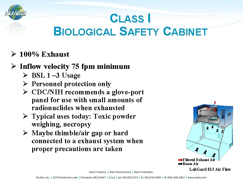 CLASS I BIOLOGICAL SAFETY CABINET Ø 100% Exhaust Ø Inflow velocity 75 fpm minimum