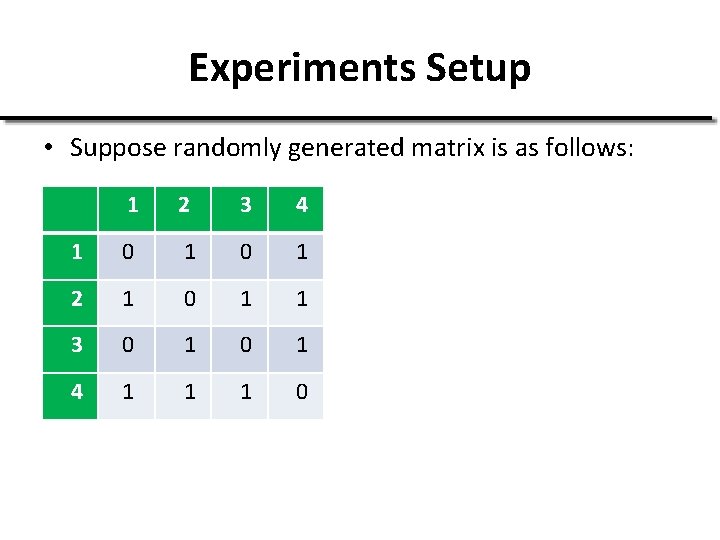 Experiments Setup • Suppose randomly generated matrix is as follows: 1 2 3 4