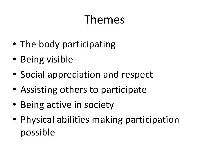 Themes • • • The body participating Being visible Social appreciation and respect Assisting
