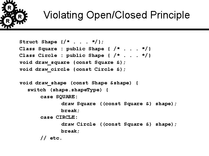 R R R Violating Open/Closed Principle Struct Shape {/*. . . */}; Class Square R R R Violating Open/Closed Principle Struct Shape {/*. . . */}; Class Square
