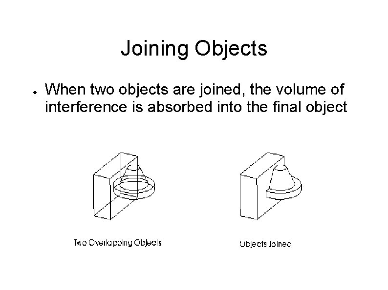 Joining Objects ● When two objects are joined, the volume of interference is absorbed