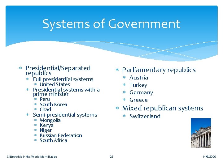 Systems of Government Presidential/Separated republics Parliamentary republics Full presidential systems United States Presidential systems