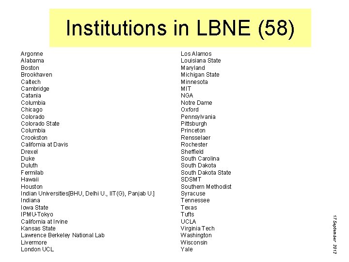 Institutions in LBNE (58) Los Alamos Louisiana State Maryland Michigan State Minnesota MIT NGA