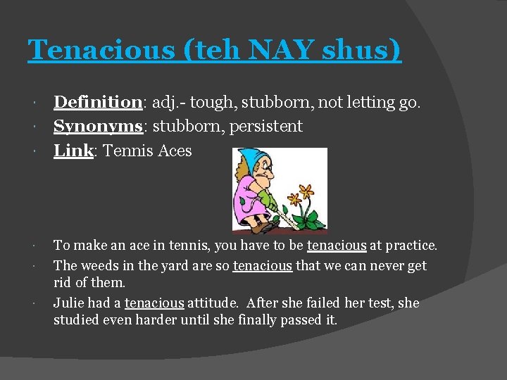 Tenacious (teh NAY shus) Definition: adj. - tough, stubborn, not letting go. Synonyms: stubborn,