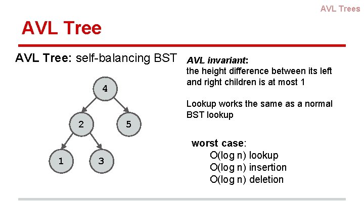 AVL Trees AVL Tree: self-balancing BST 4 2 1 5 3 AVL invariant: the AVL Trees AVL Tree: self-balancing BST 4 2 1 5 3 AVL invariant: the