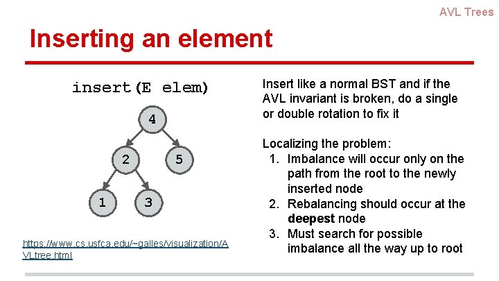 AVL Trees Inserting an element insert(E elem) 4 2 1 5 3 https: //www.