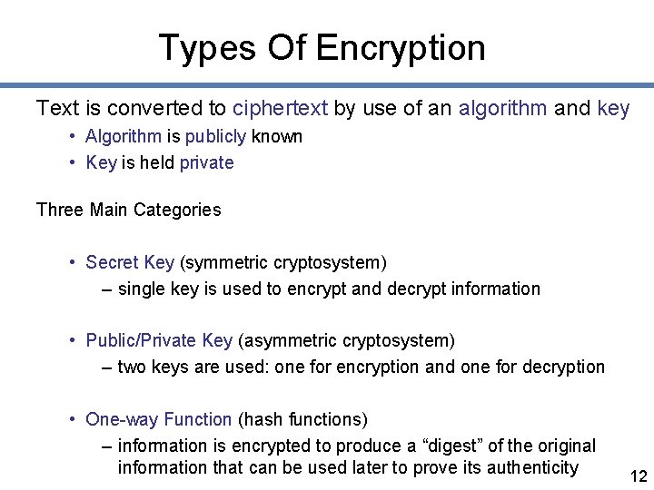 Types Of Encryption Text is converted to ciphertext by use of an algorithm and