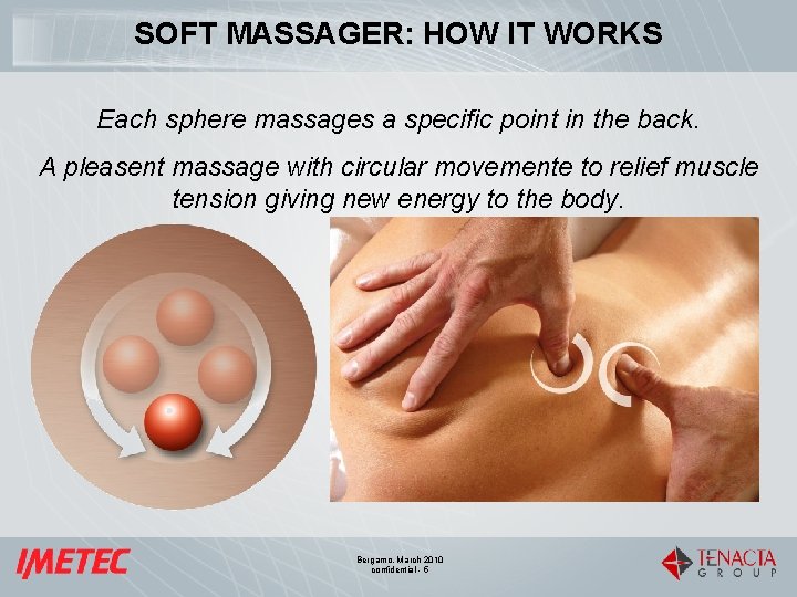 SOFT MASSAGER: HOW IT WORKS Each sphere massages a specific point in the back.