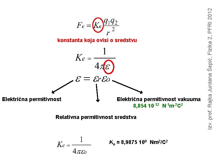 Električna permitivnost vakuuma 8, 854 10 -12 N-1 m-2 C 2 Relativna permitivnost sredstva