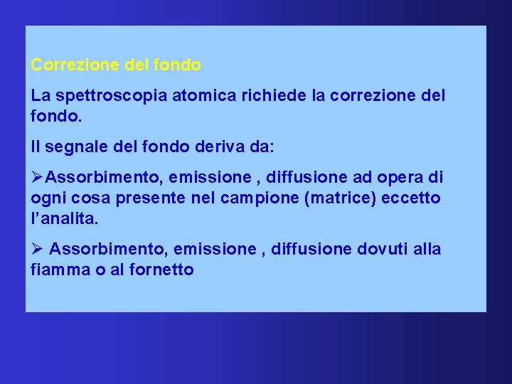 Correzione del fondo La spettroscopia atomica richiede la correzione del fondo. Il segnale del