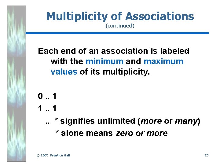 Multiplicity of Associations (continued) Each end of an association is labeled with the minimum