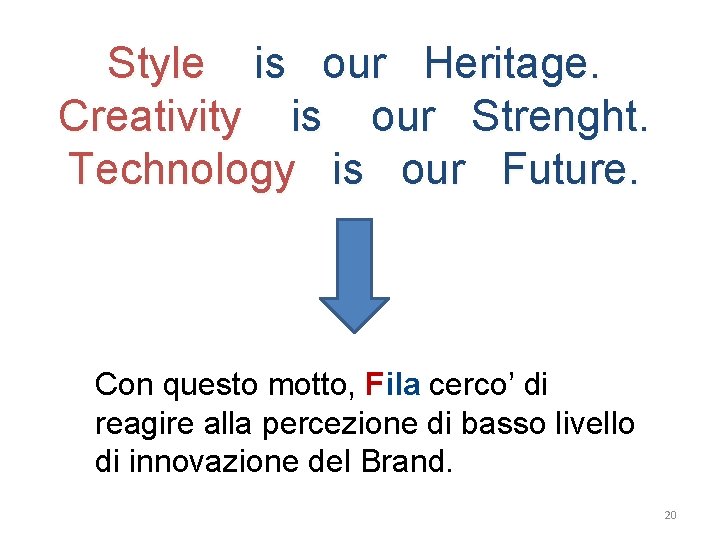 Style is our Heritage. Creativity is our Strenght. Technology is our Future. Con questo