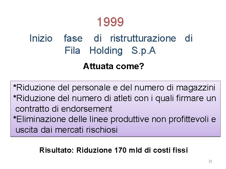 1999 Inizio fase di ristrutturazione di Fila Holding S. p. A Attuata come? *Riduzione