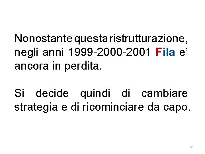 Nonostante questa ristrutturazione, negli anni 1999 -2000 -2001 Fila e’ ancora in perdita. Si
