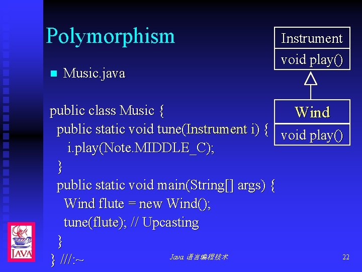 Polymorphism n Music. java Instrument void play() public class Music { Wind public static