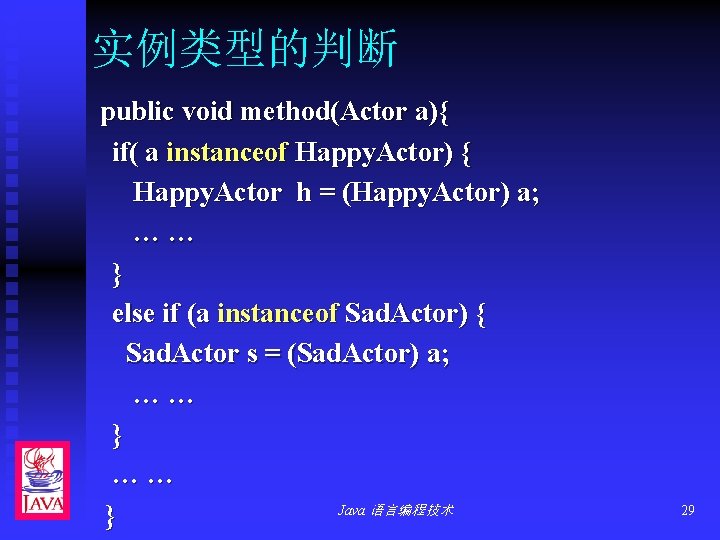 实例类型的判断 public void method(Actor a){ if( a instanceof Happy. Actor) { Happy. Actor h
