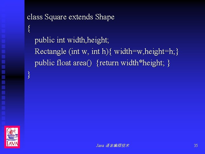 class Square extends Shape { public int width, height; Rectangle (int w, int h){