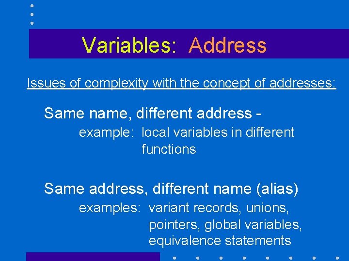 Variables: Address Issues of complexity with the concept of addresses: Same name, different address