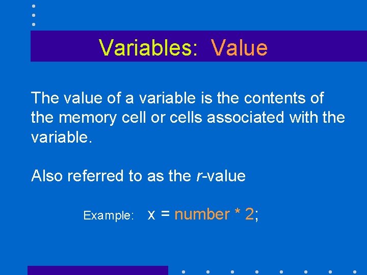 Variables: Value The value of a variable is the contents of the memory cell