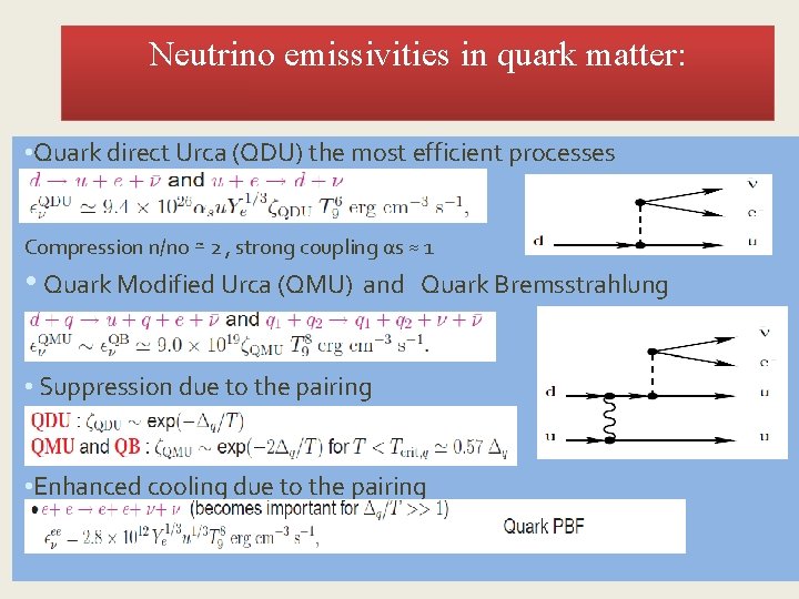 Neutrino emissivities in quark matter: • Quark direct Urca (QDU) the most efficient processes