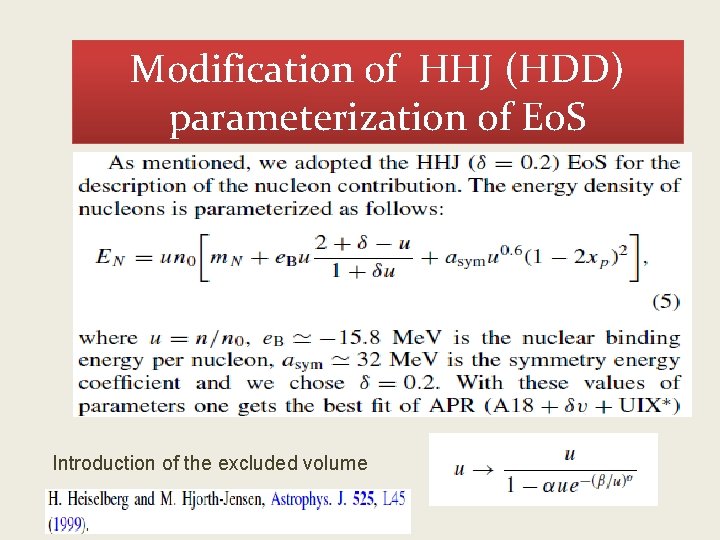 Modification of HHJ (HDD) parameterization of Eo. S Introduction of the excluded volume 