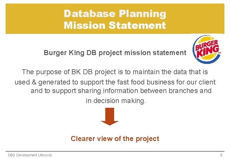 Database Planning Mission Statement Burger King DB project mission statement The purpose of BK Database Planning Mission Statement Burger King DB project mission statement The purpose of BK