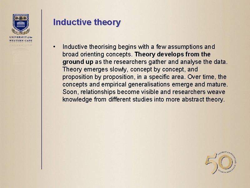 Inductive theory • Inductive theorising begins with a few assumptions and broad orienting concepts.
