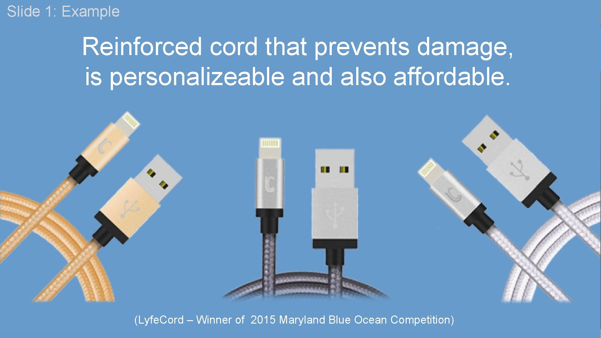 Slide 1: Example Slide 1: Your Blue Ocean Pitch Reinforced cord that prevents damage,