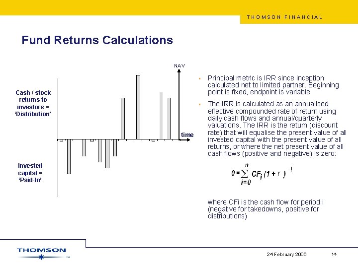 THOMSON FINANCIAL Fund Returns Calculations NAV Cash / stock returns to investors = ‘Distribution’
