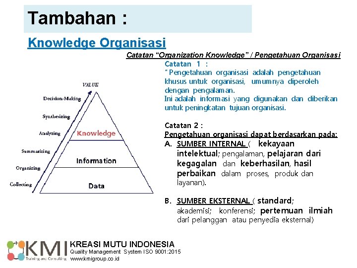 Tambahan : Knowledge Organisasi Catatan “Organization Knowledge” / Pengetahuan Organisasi Catatan 1 : “