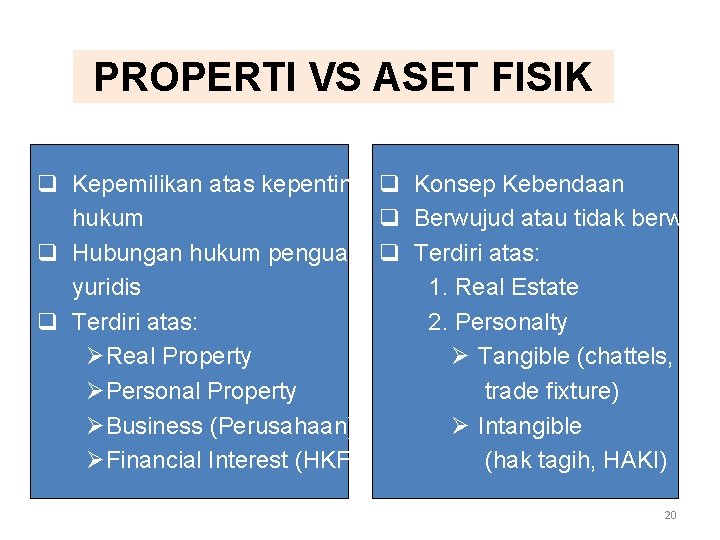 PROPERTI VS ASET FISIK q Kepemilikan atas kepentingan q Konsep Kebendaan hukum q Berwujud