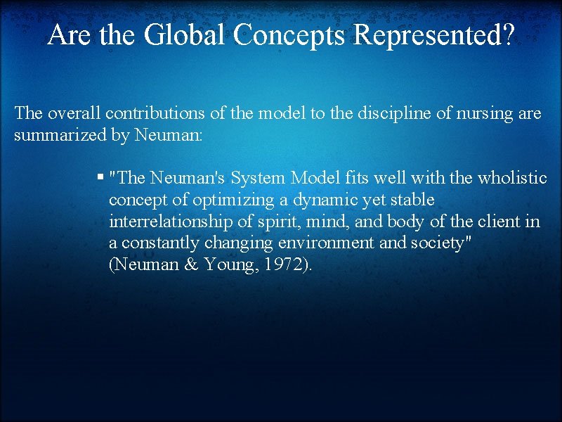 Are the Global Concepts Represented? The overall contributions of the model to the discipline