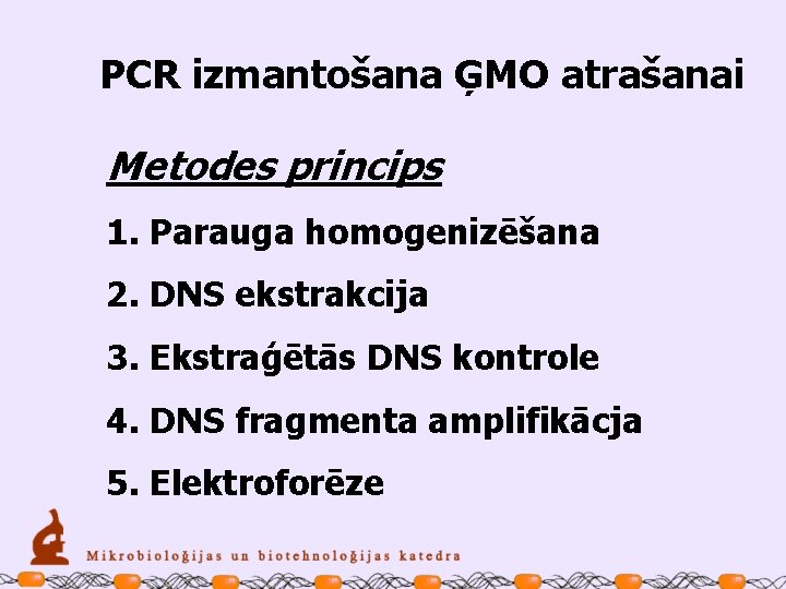 PCR izmantošana ĢMO atrašanai Metodes princips 1. Parauga homogenizēšana 2. DNS ekstrakcija 3. Ekstraģētās