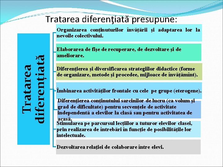 Tratarea diferenţiată presupune: Tratarea diferențiată Organizarea conţinuturilor învăţării şi adaptarea lor la nevoile colectivului.