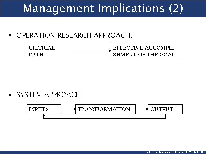 Management Implications (2) § OPERATION RESEARCH APPROACH: CRITICAL PATH EFFECTIVE ACCOMPLISHMENT OF THE GOAL