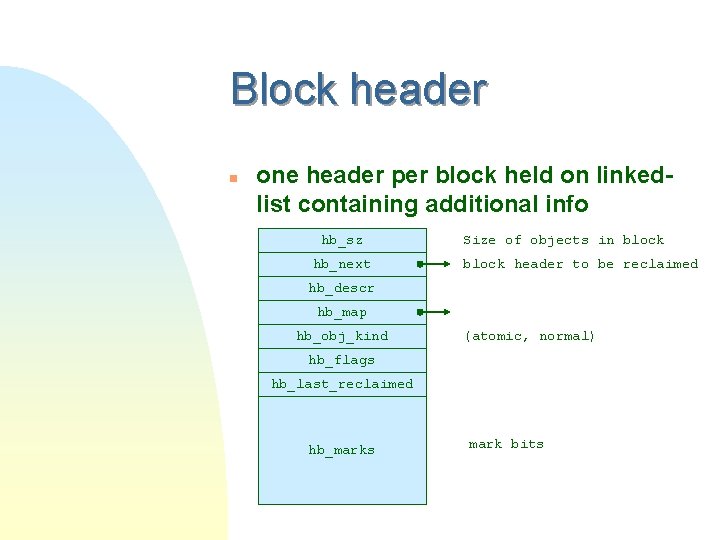 Block header n one header per block held on linkedlist containing additional info hb_sz