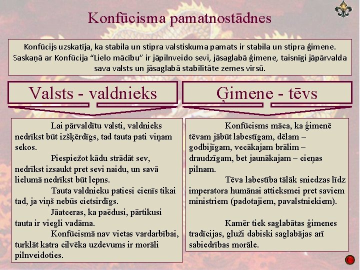 Konfūcisma pamatnostādnes Konfūcijs uzskatīja, ka stabila un stipra valstiskuma pamats ir stabila un stipra