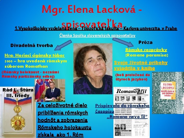 Mgr. Elena Lacková spisovateľka 1. Vysokoškolsky vzdelaná žena – Filozofická fakulta – Karlova univerzita