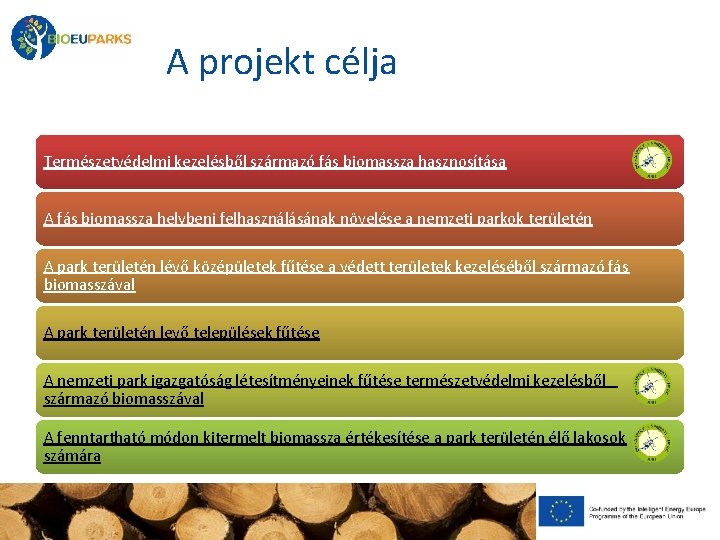 A projekt célja Természetvédelmi kezelésből származó fás biomassza hasznosítása A fás biomassza helybeni felhasználásának