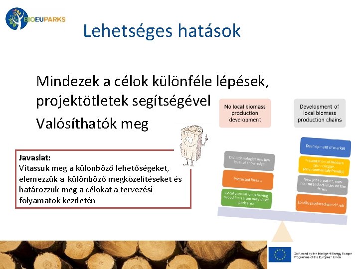 Lehetséges hatások Mindezek a célok különféle lépések, projektötletek segítségével Valósíthatók meg Javaslat: Vitassuk meg